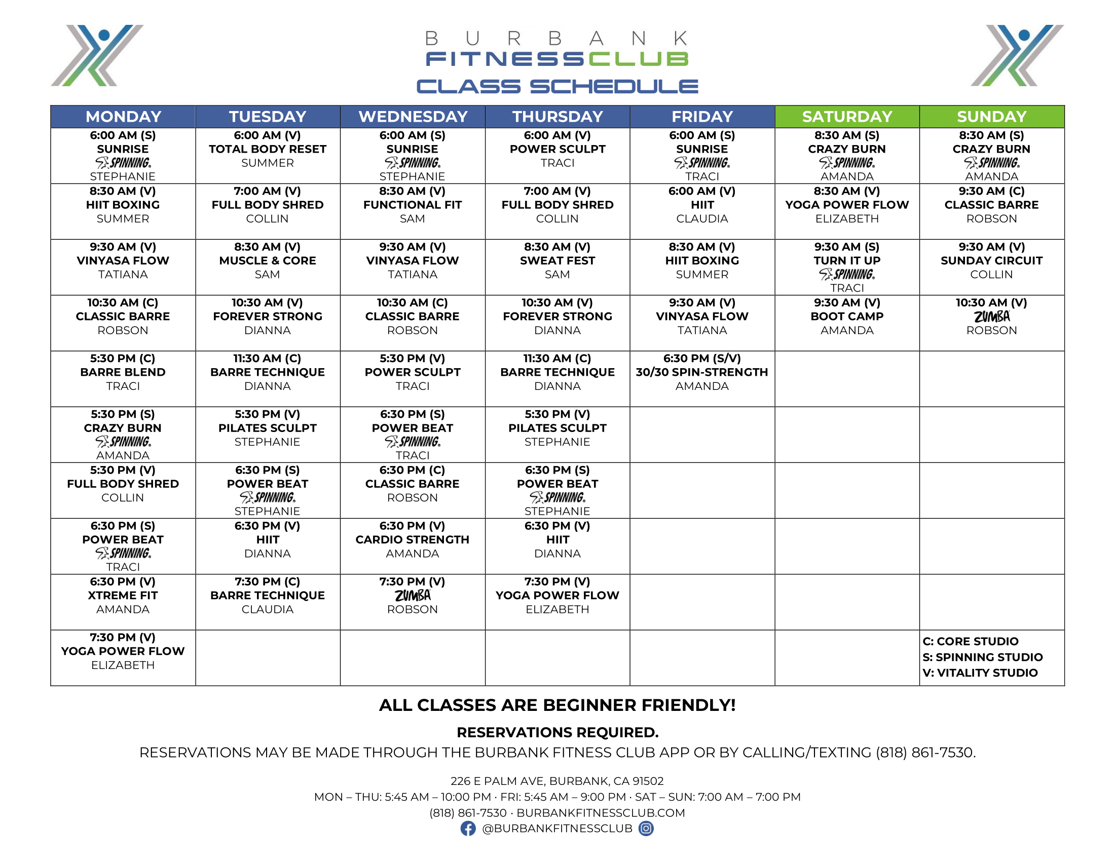 Burbank Fitness and Strength Classes Schedule
